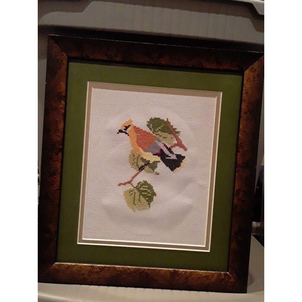 Lovely framed Cross Stitch Bird, 12.5 x 11 solid frame
